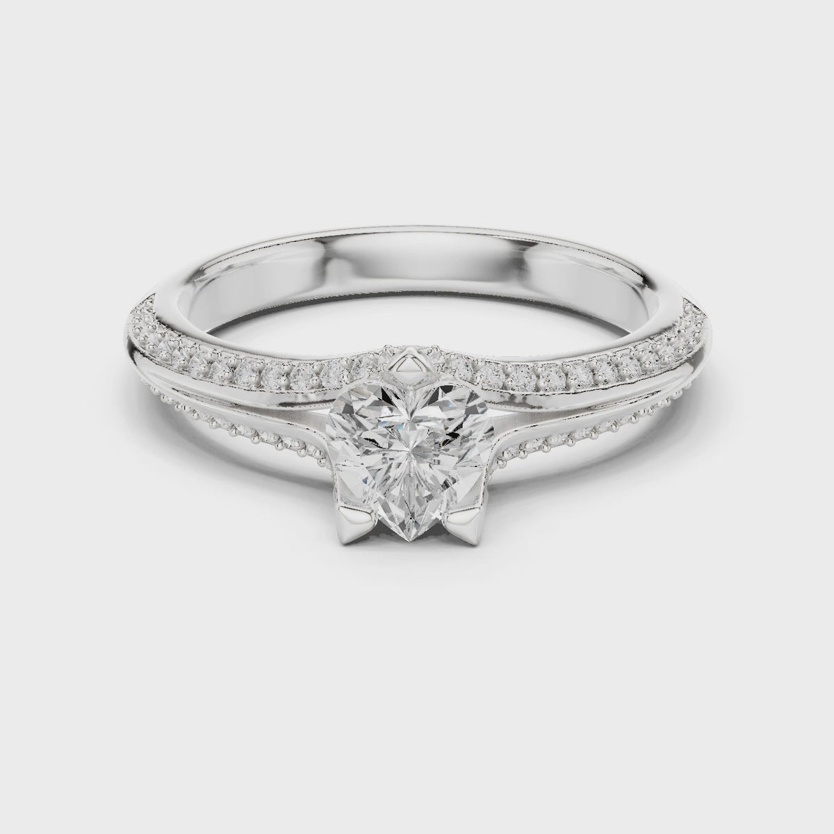 Heart lab-grown diamond pavé engagement ring in white gold, 360 degree video