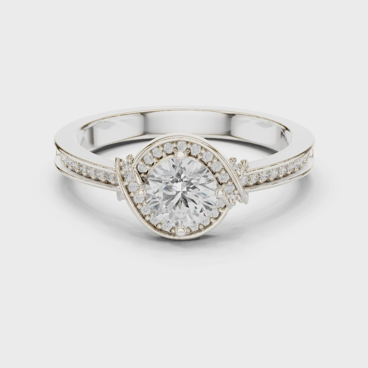 Round lab-grown diamond swirl halo engagement ring in white gold, 360 degree video