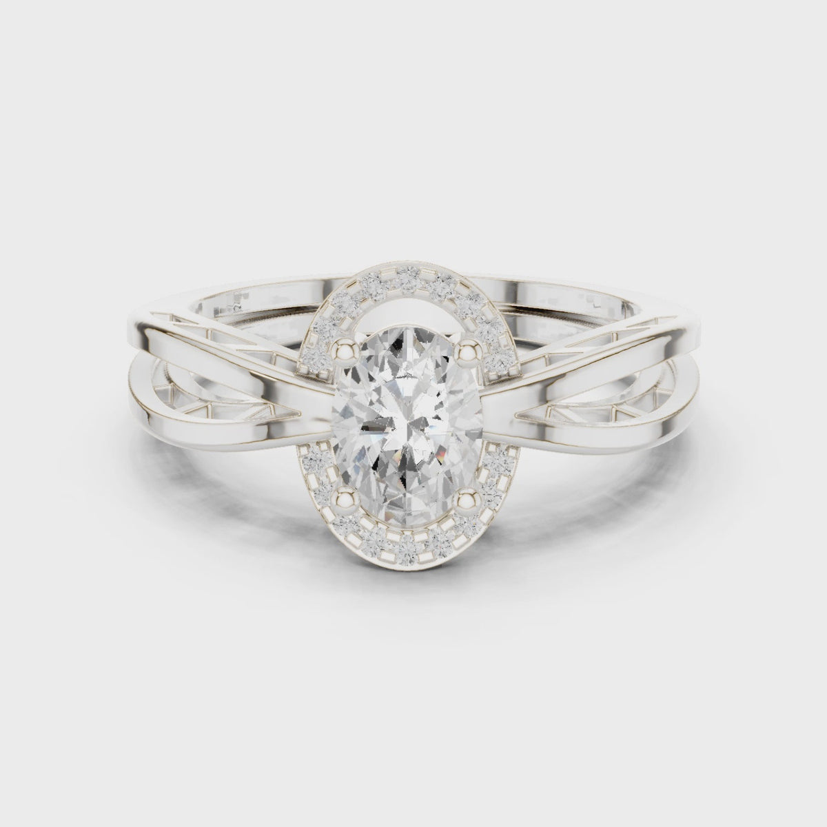 Oval lab-grown diamond halo engagement ring with twisted band in white gold, 360 degree video