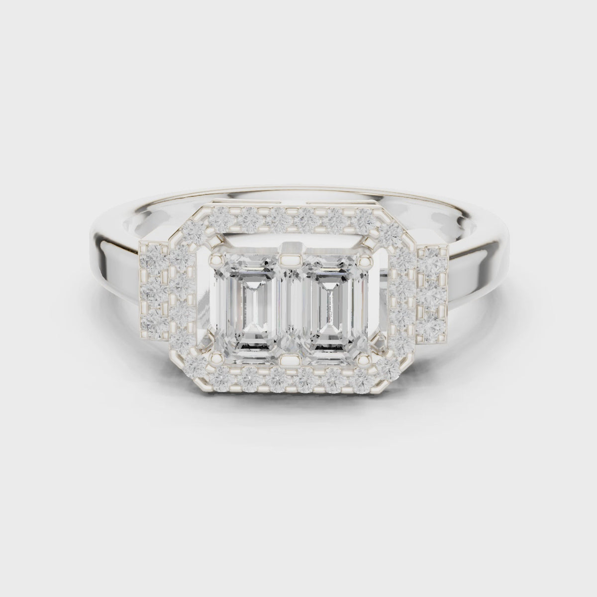 Emerald-cut lab-grown diamond twin-stone halo ring in white gold, 360 degree video
