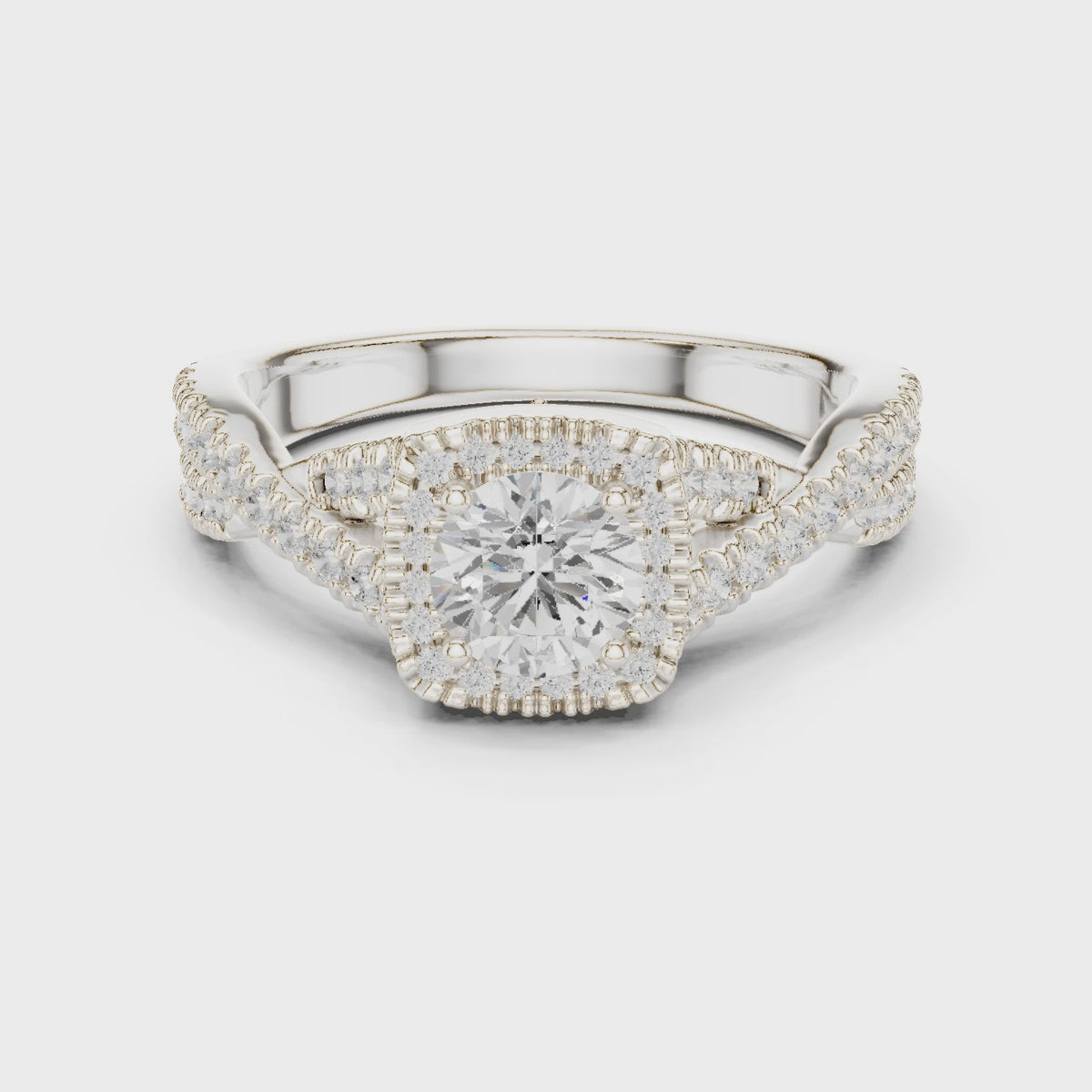 Round lab-grown diamond twisted pavé halo engagement ring in white gold, 360 degree video