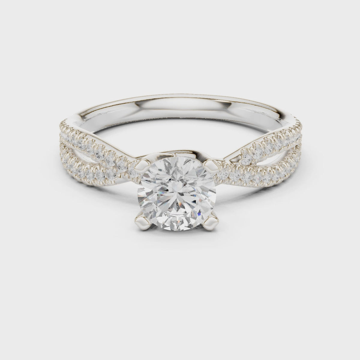Round lab-grown diamond crossover pavé engagement ring in white gold, 360 degree video