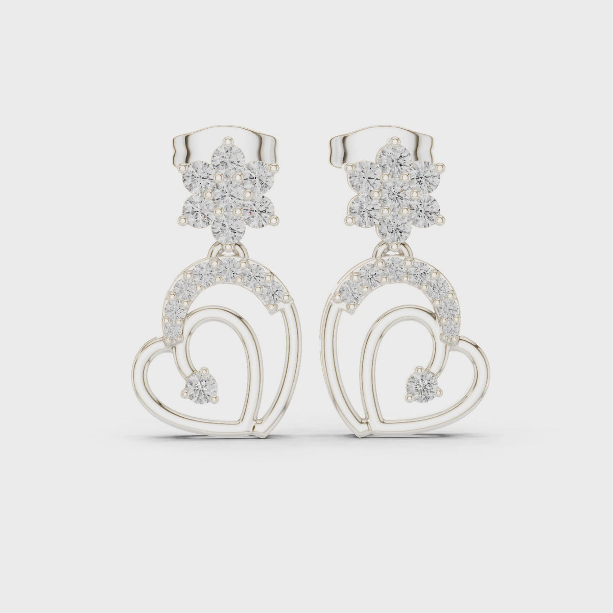 Round lab-grown diamond heart drop earrings in white gold, 360 degree video