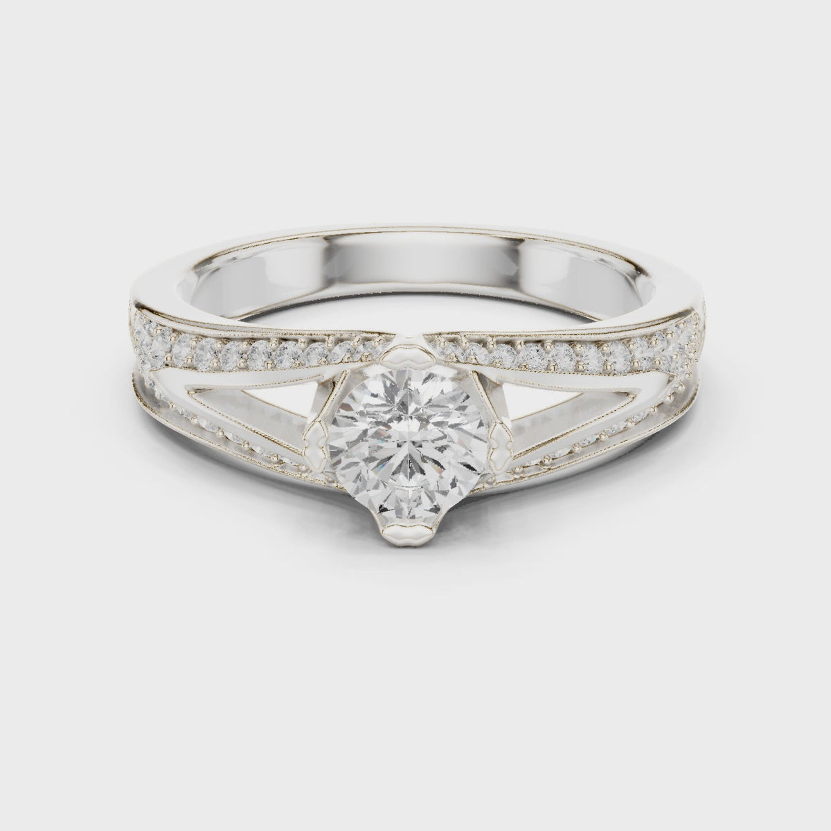 Round lab-grown diamond bypass engagement ring with channel set diamonds in white gold, 360 degree video