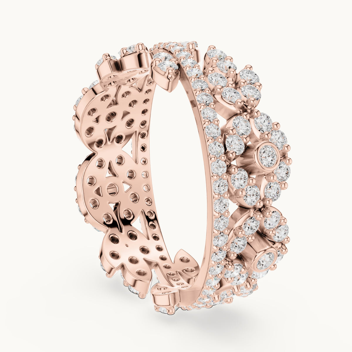 Round lab-grown diamond leaf full eternity band in rose gold, 1.22 CT TW, view 1