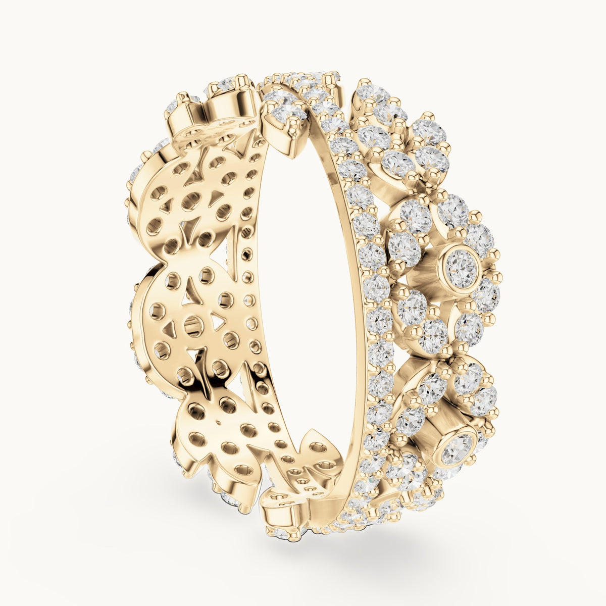 Round lab-grown diamond leaf full eternity band in yellow gold, 1.22 CT TW, view 1